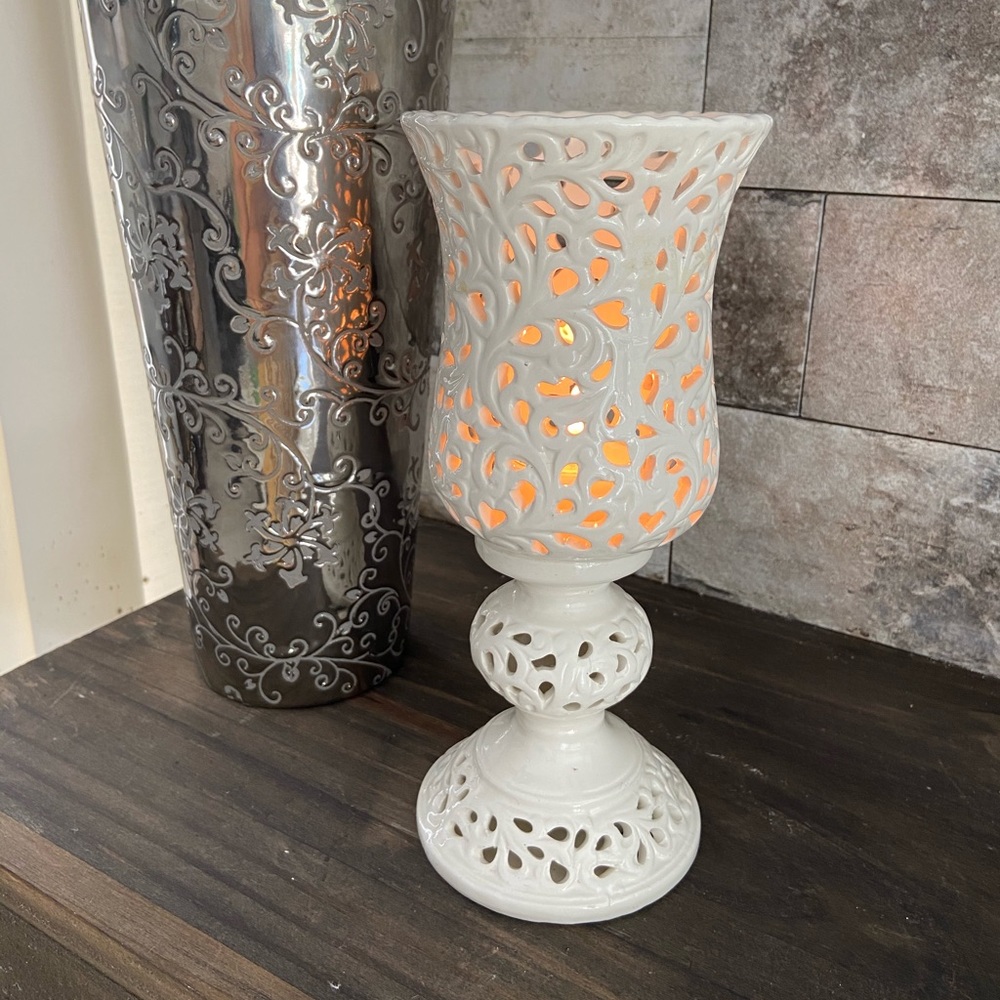 Ivory ceramic openwork candle holder by K F